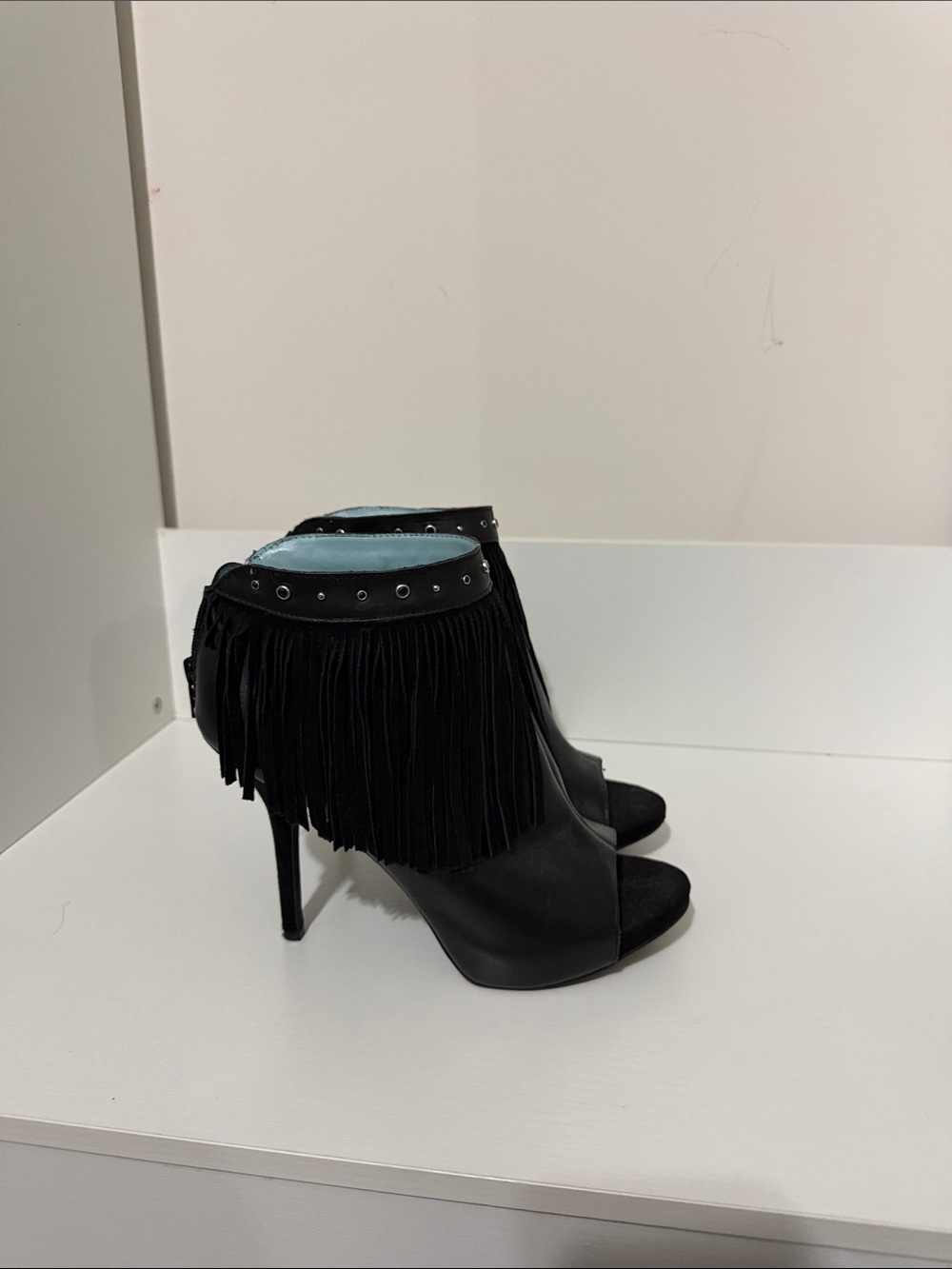 Fringe Peep-Toe Stiletto Booties - Black